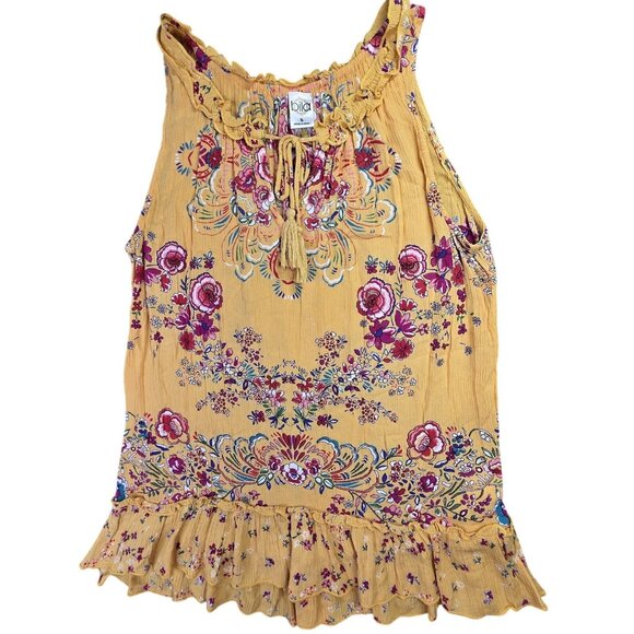 Bila Tops - Boho Floral Sleeveless Top Womens Small Yellow Peasant Ruffle Festive Chic Tank